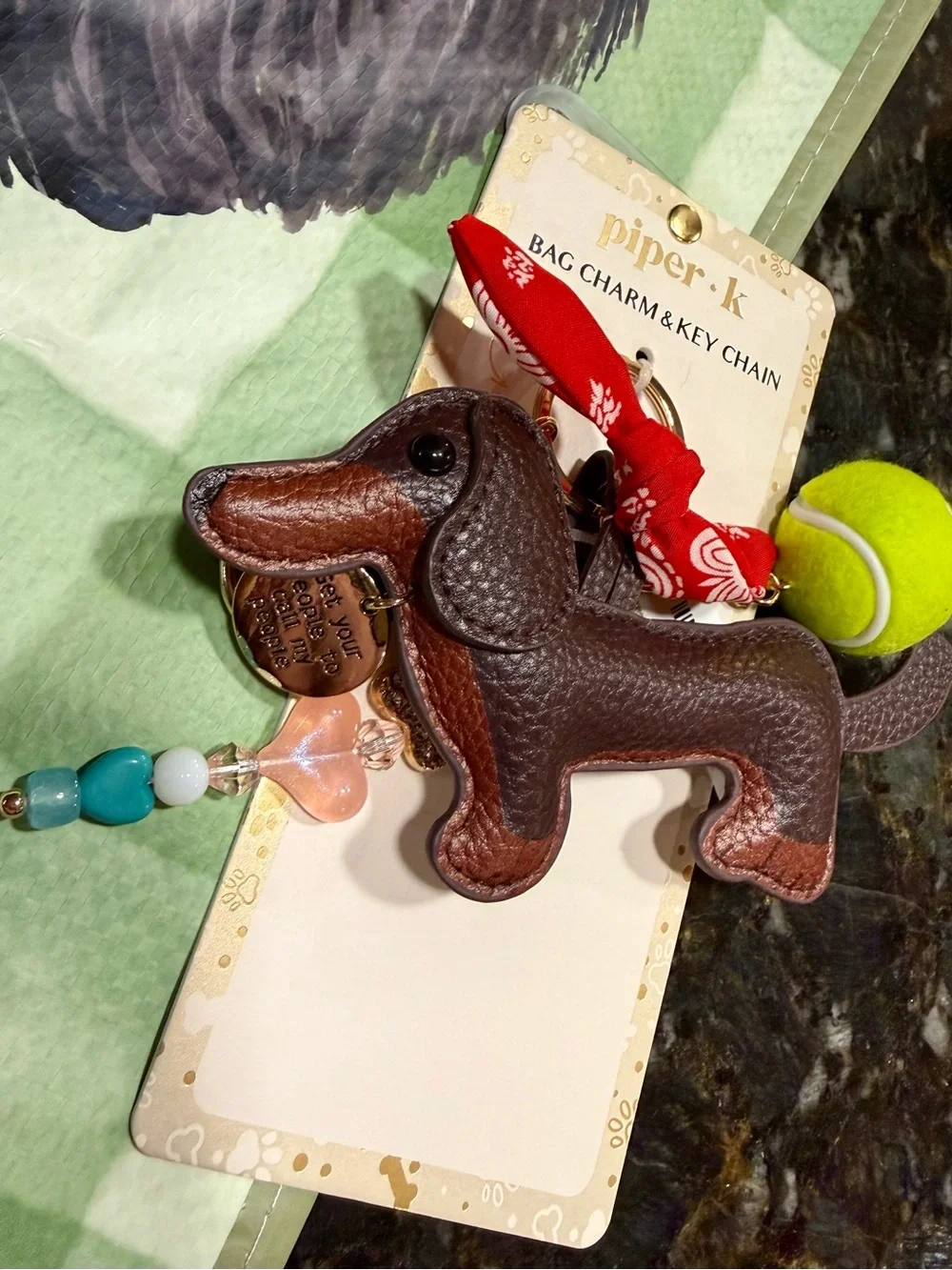 Piper Brown Leather Dachshund Bag Charm key with Red Bandana Accent Free Bag NEW